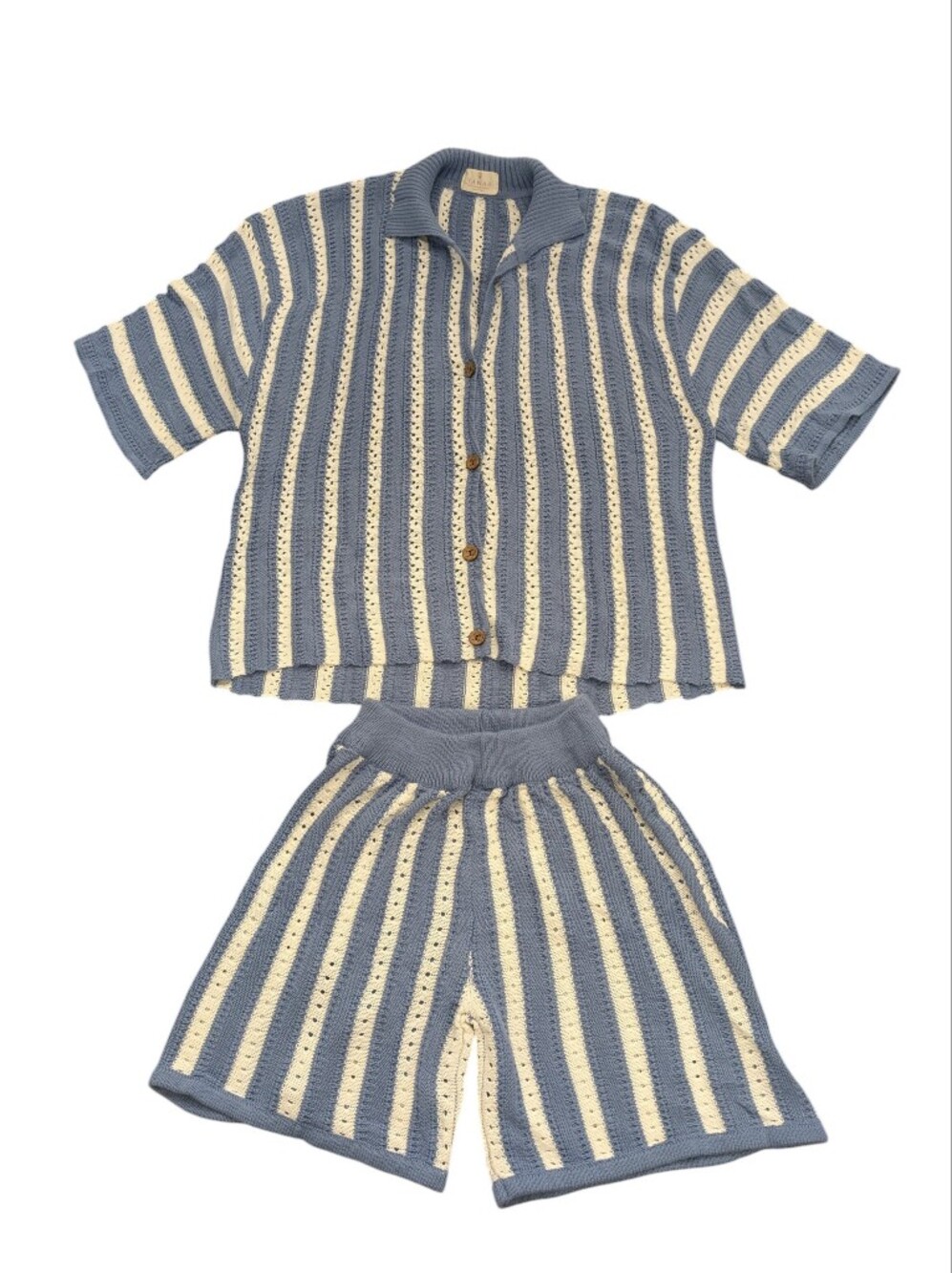 Women's Oversized Striped Knit Top and Short Set - Blue & White